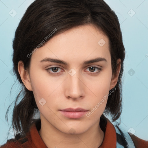 Neutral white young-adult female with medium  brown hair and brown eyes