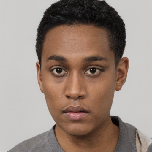 Neutral black young-adult male with short  black hair and brown eyes