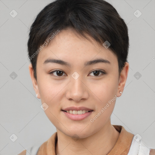 Joyful asian young-adult female with short  brown hair and brown eyes