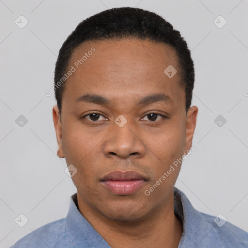 Neutral black young-adult male with short  black hair and brown eyes