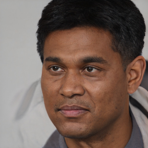 Joyful black adult male with short  black hair and brown eyes