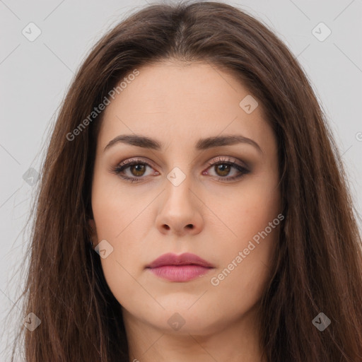 Neutral white young-adult female with long  brown hair and brown eyes