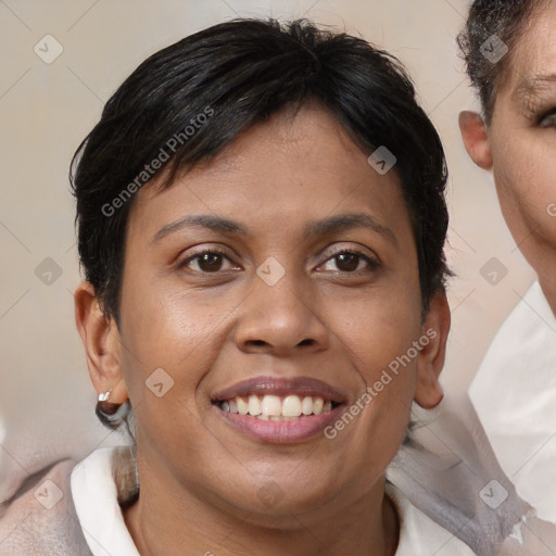 Joyful white adult female with short  brown hair and brown eyes