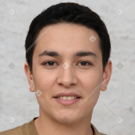 Joyful white young-adult male with short  black hair and brown eyes