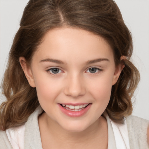 Joyful white child female with medium  brown hair and brown eyes