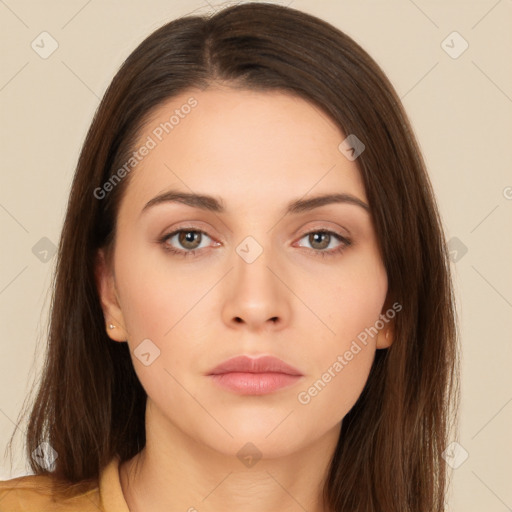 Neutral white young-adult female with long  brown hair and brown eyes