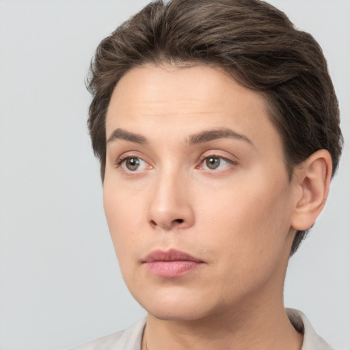 Neutral white young-adult female with short  brown hair and brown eyes