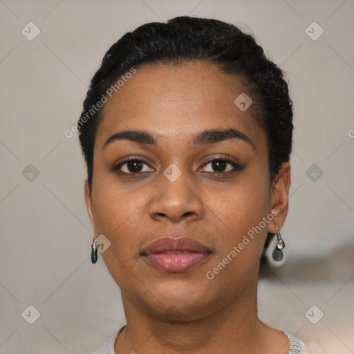 Neutral black young-adult female with short  black hair and brown eyes