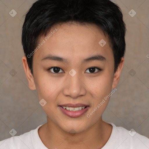 Joyful asian young-adult female with short  brown hair and brown eyes