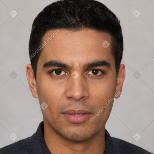 Neutral latino young-adult male with short  black hair and brown eyes