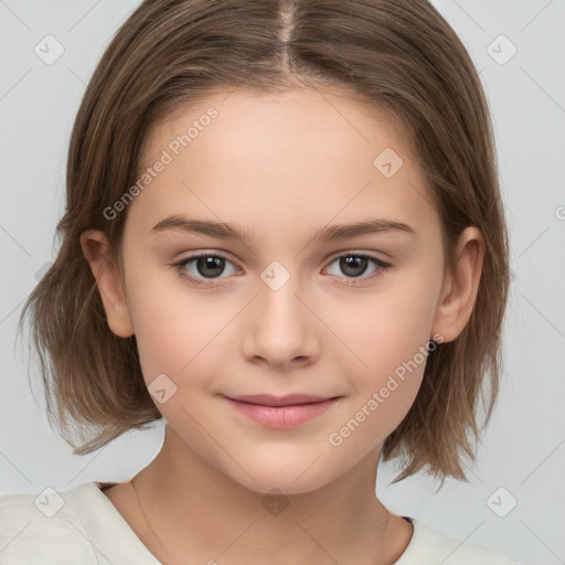 Joyful white child female with medium  brown hair and brown eyes