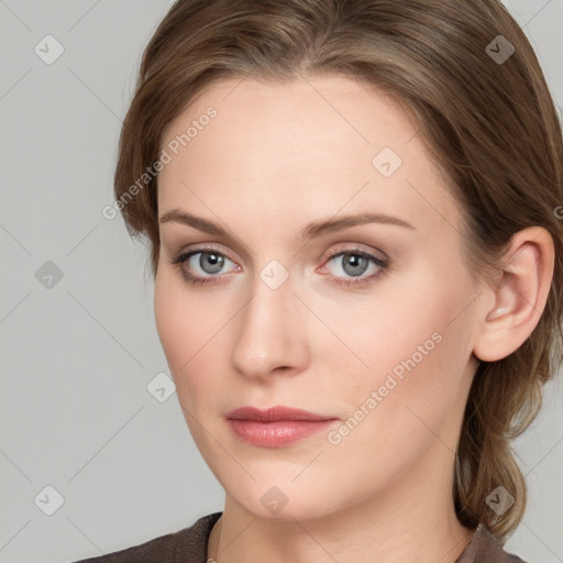 Neutral white young-adult female with long  brown hair and grey eyes