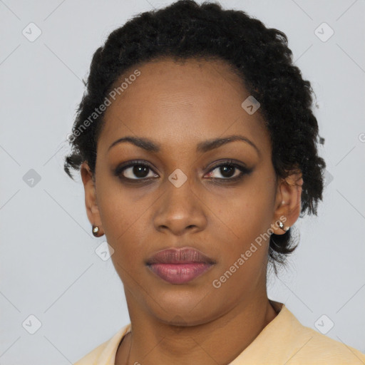 Neutral black young-adult female with short  black hair and brown eyes