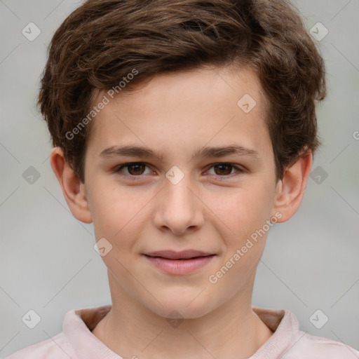 Joyful white child male with short  brown hair and brown eyes