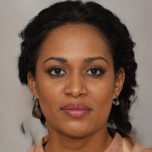 Joyful black adult female with medium  brown hair and brown eyes