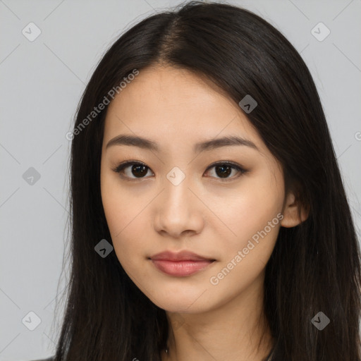 Neutral asian young-adult female with long  black hair and brown eyes