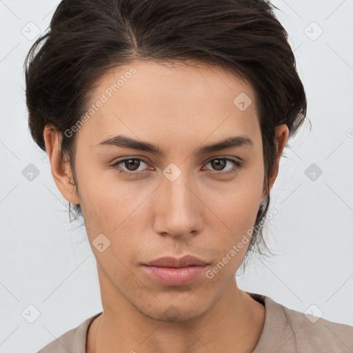 Neutral white young-adult female with short  brown hair and brown eyes