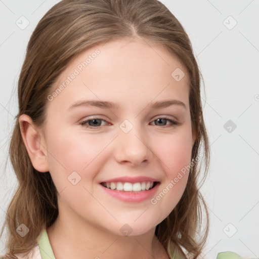 Joyful white child female with medium  brown hair and brown eyes