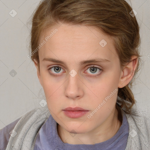 Neutral white young-adult female with medium  brown hair and blue eyes