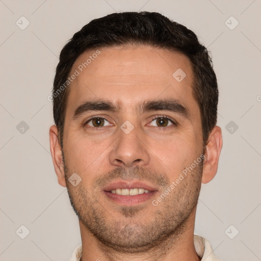 Joyful white young-adult male with short  brown hair and brown eyes