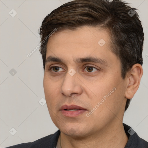 Neutral white adult male with short  brown hair and brown eyes