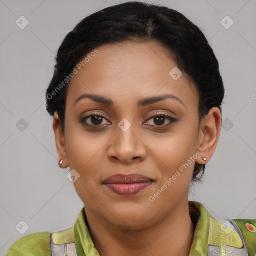 Joyful latino young-adult female with short  black hair and brown eyes