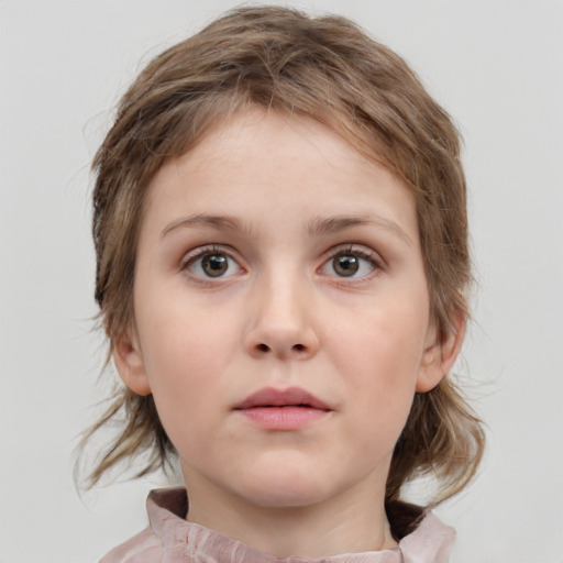 Neutral white child female with medium  brown hair and grey eyes