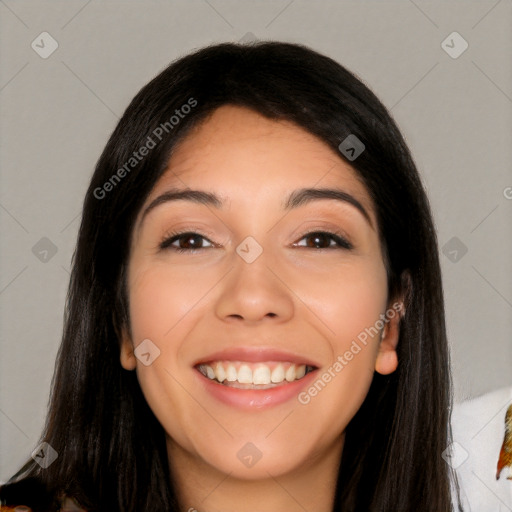 Joyful white young-adult female with long  black hair and brown eyes