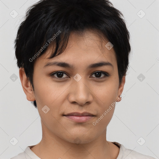 Joyful asian young-adult female with short  brown hair and brown eyes