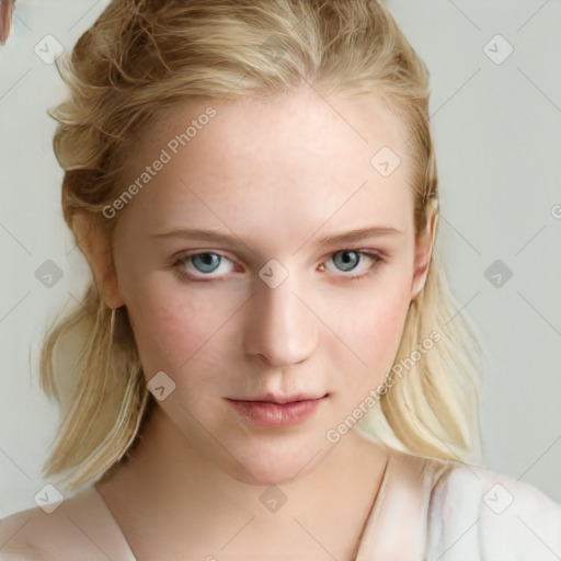 Neutral white young-adult female with medium  brown hair and blue eyes