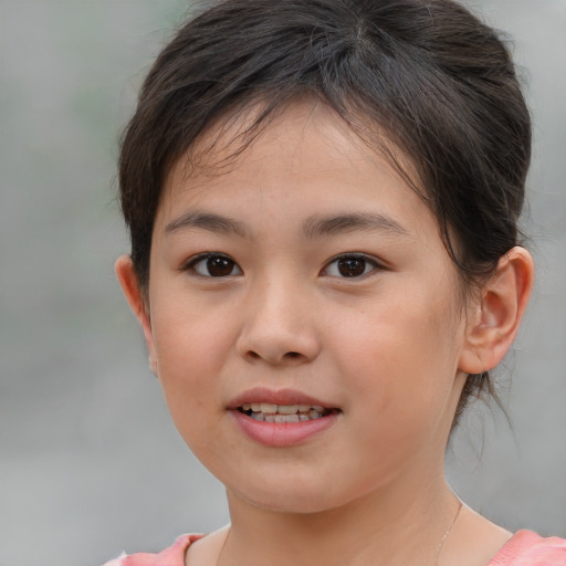Joyful white child female with medium  brown hair and brown eyes
