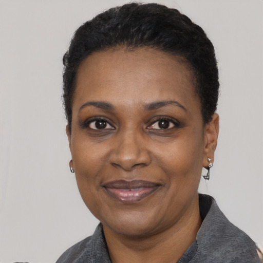 Joyful black adult female with short  black hair and brown eyes