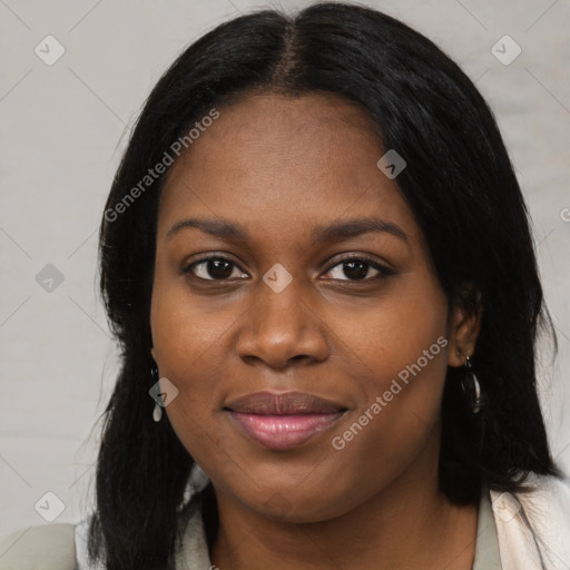 Joyful black young-adult female with medium  brown hair and brown eyes