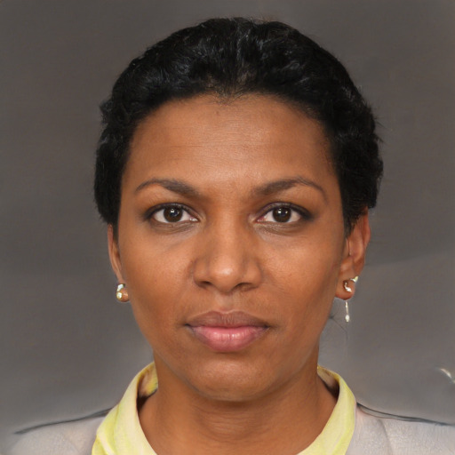 Neutral black young-adult female with short  black hair and brown eyes