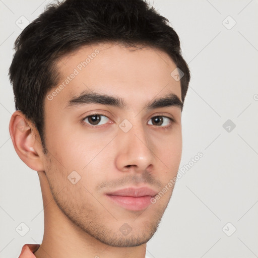 Neutral white young-adult male with short  brown hair and brown eyes