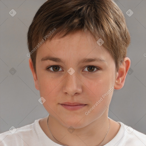 Joyful white child male with short  brown hair and brown eyes