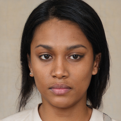 Neutral asian young-adult female with medium  black hair and brown eyes