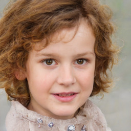 Joyful white child female with medium  brown hair and grey eyes