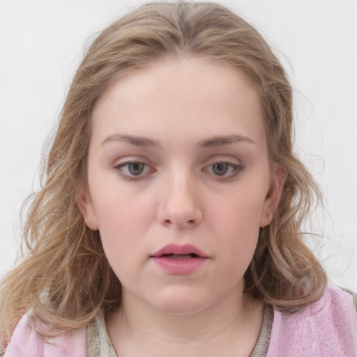 Neutral white child female with medium  brown hair and grey eyes