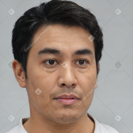 Neutral asian young-adult male with short  brown hair and brown eyes