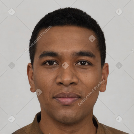 Neutral black young-adult male with short  black hair and brown eyes