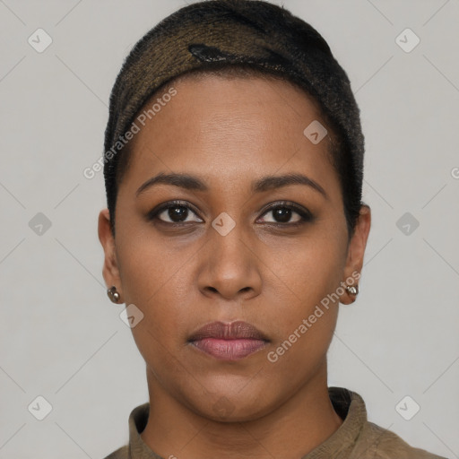 Neutral black young-adult female with short  black hair and brown eyes