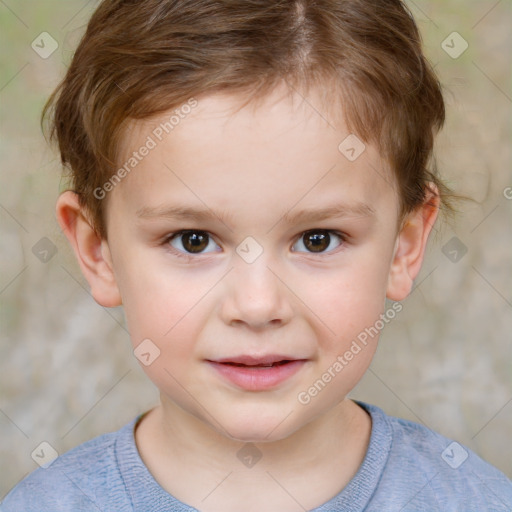 Joyful white child female with short  brown hair and brown eyes