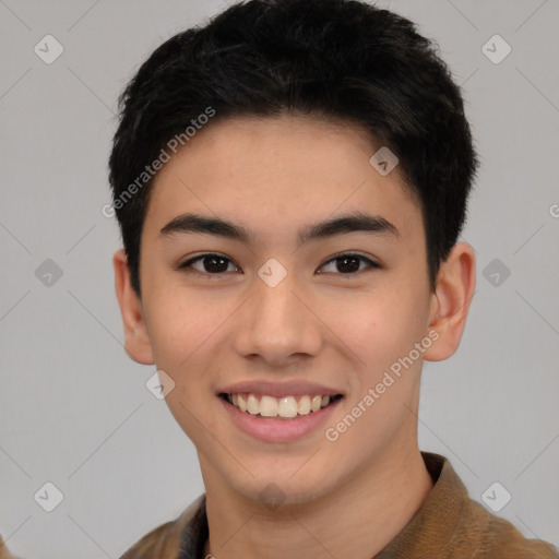 Joyful white young-adult male with short  black hair and brown eyes