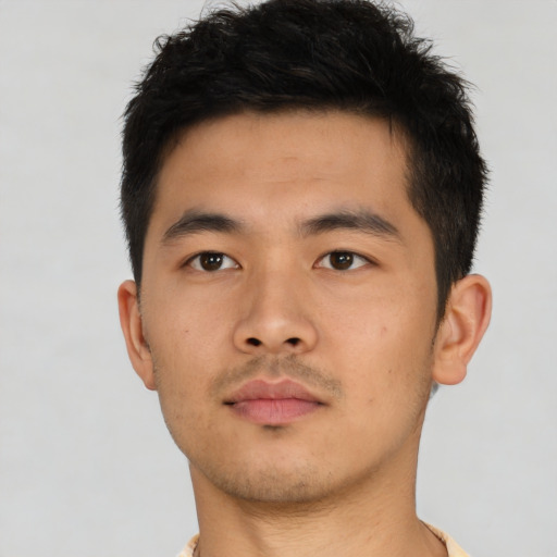 Neutral asian young-adult male with short  brown hair and brown eyes