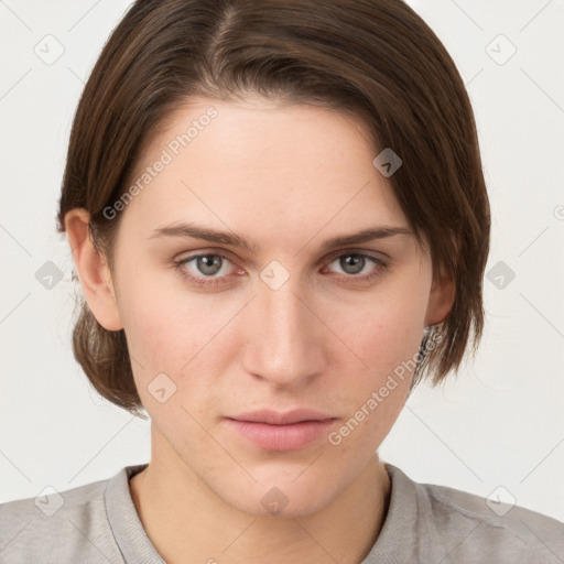 Neutral white young-adult female with medium  brown hair and brown eyes