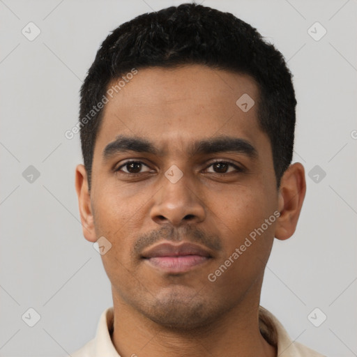 Neutral latino young-adult male with short  black hair and brown eyes