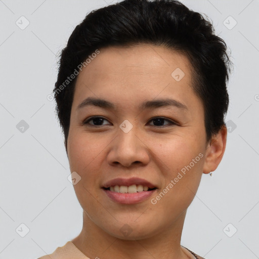 Joyful asian young-adult female with short  brown hair and brown eyes