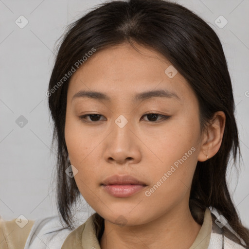 Neutral asian young-adult female with medium  brown hair and brown eyes