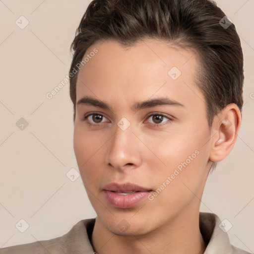 Neutral white young-adult male with short  brown hair and brown eyes